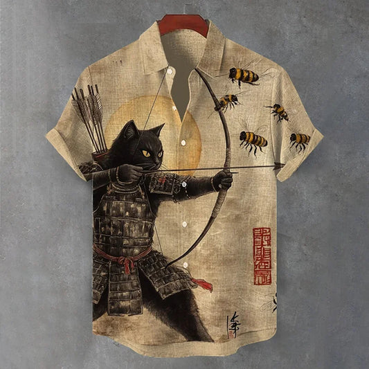 Origami Clothing's Samurai Cat Printed Shirt – Artistic Warrior Casual Wear