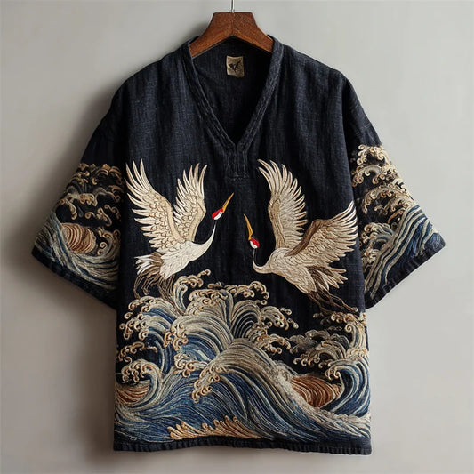 Origami Clothing's Midnight Crane & Ocean Wave Embroidered Designer Shirt