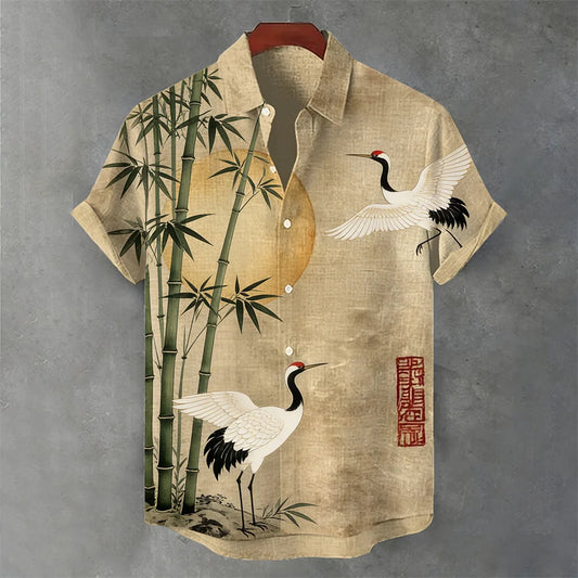 Origami Clothing's Golden Sun Crane & Bamboo Japanese Designer Shirt