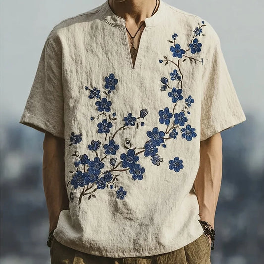 Origami Clothing's Blue Blossom Embroidered Japanese Style Linen Shirt