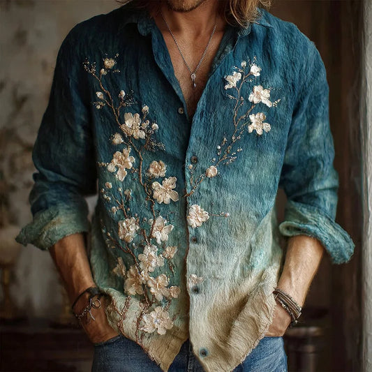 Origami Clothing's Teal Ombre Floral Embroidered Designer Shirt