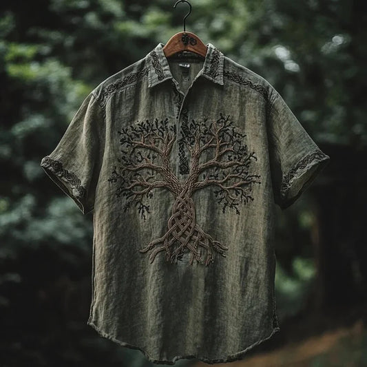 Origami Clothing's Forest Green Celtic Tree Embroidered Linen Designer Shirt