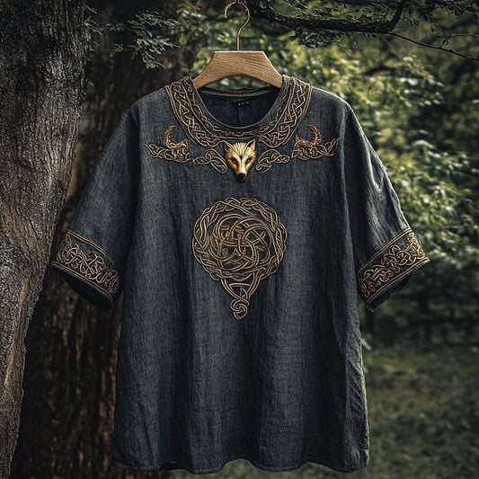 Origami Clothing's Norse Wolf & Celtic Knot Embroidered Linen Designer Shirt