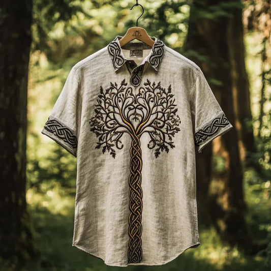 Origami Clothing's Nordic Tree of Life Embroidered Linen Designer Shirt